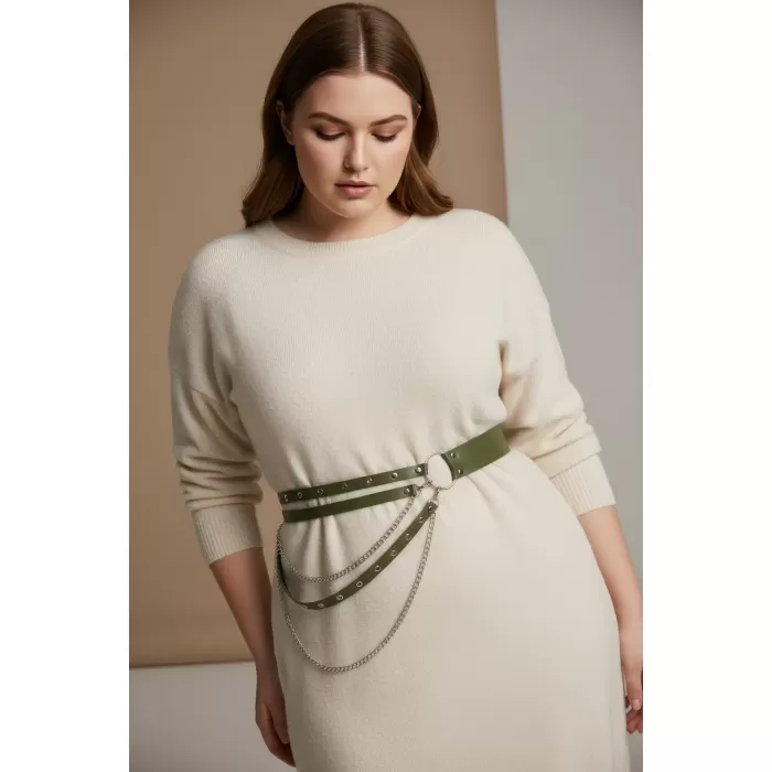 Büyük Beden Haki Kadın Kemer Zincir Detaylı Çoklu Kayışlı Deri Görünüm - APFT586
