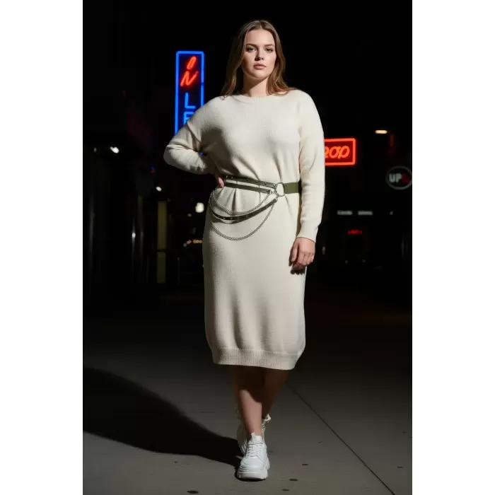 Büyük Beden Haki Kadın Kemer Zincir Detaylı Çoklu Kayışlı Deri Görünüm - APFT586