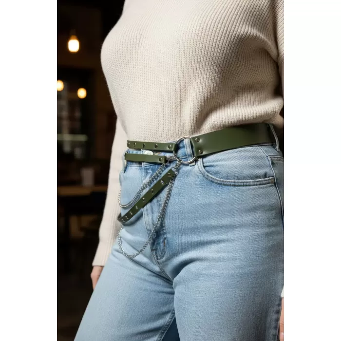 Büyük Beden Haki Kadın Kemer Zincir Detaylı Çoklu Kayışlı Deri Görünüm - APFT586