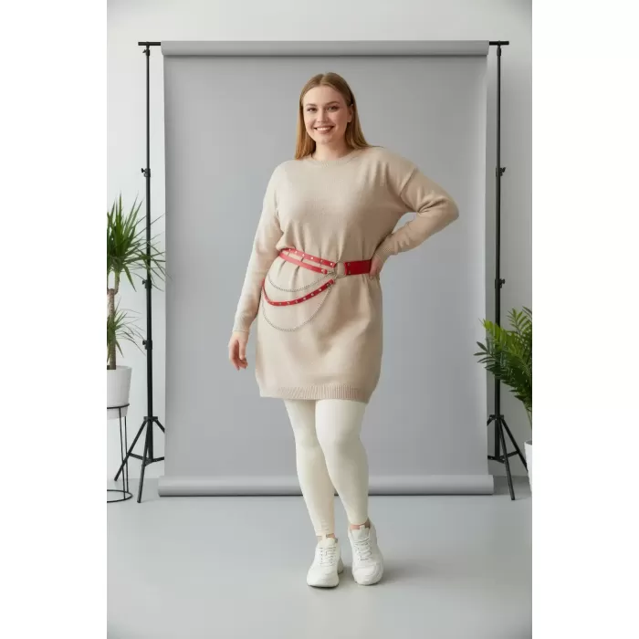 Büyük Beden Kırmızı Kadın Kemer Zincir Detaylı Deri Bel Aksesuarı - APFT586