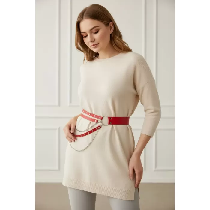 Büyük Beden Kırmızı Kadın Kemer Zincir Detaylı Deri Bel Aksesuarı - APFT586