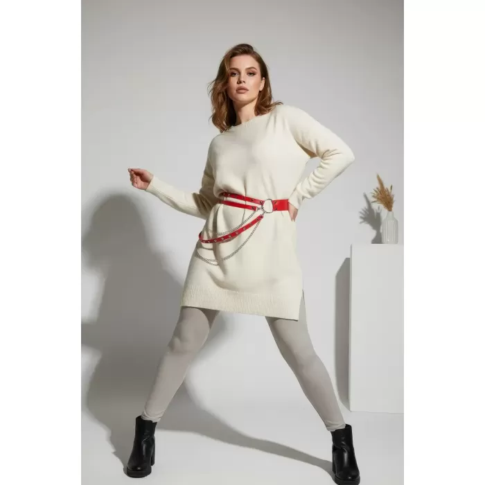 Büyük Beden Kırmızı Kadın Kemer Zincir Detaylı Deri Bel Aksesuarı - APFT586