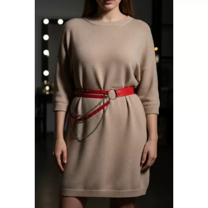 Büyük Beden Kırmızı Kadın Kemer Zincir Detaylı Deri Bel Aksesuarı - APFT586