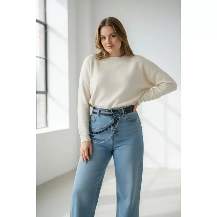 Büyük Beden Siyah Kadın Kemer Zincir Detaylı Çift Sıra Halkalı Kombin Kemeri - APFT586