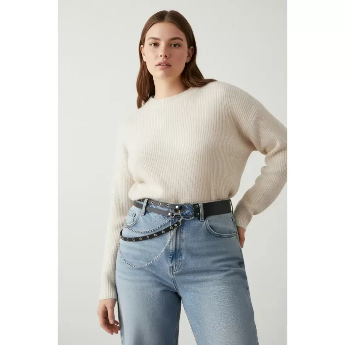 Büyük Beden Siyah Kadın Kemer Zincir Detaylı Çift Sıra Halkalı Kombin Kemeri - APFT586