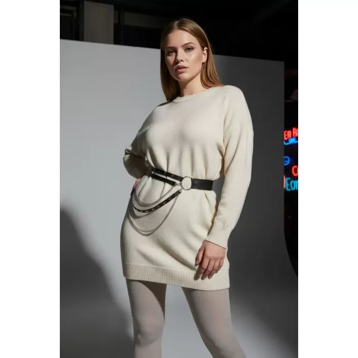 Büyük Beden Siyah Kadın Kemer Zincir Detaylı Çift Sıra Halkalı Kombin Kemeri - APFT586