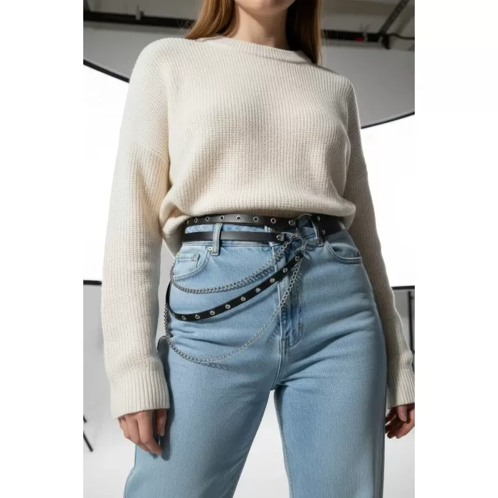 Büyük Beden Siyah Kadın Kemer Zincir Detaylı Çift Sıra Halkalı Kombin Kemeri - APFT586