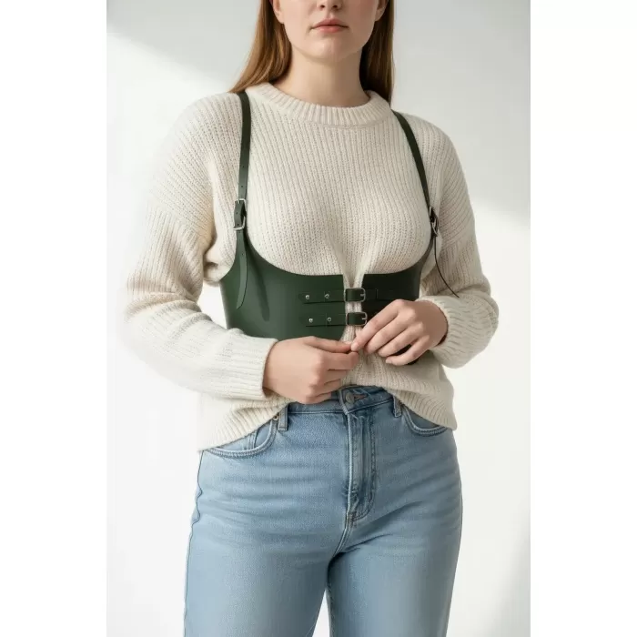 Büyük Beden Haki Kadın Kemer Omuz Askılı Korse Harness - APFT605