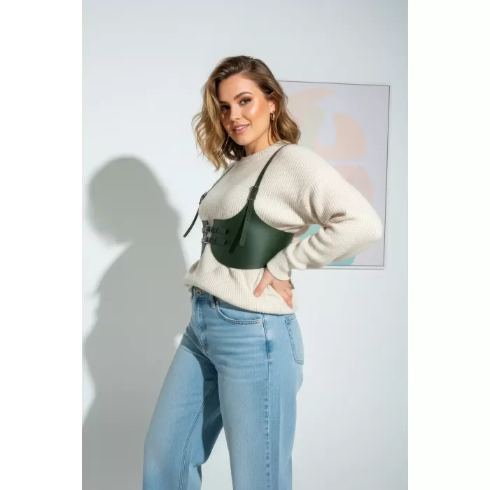 Büyük Beden Haki Kadın Kemer Omuz Askılı Korse Harness - APFT605