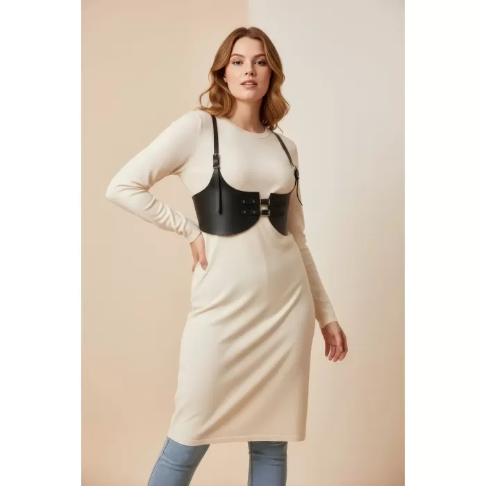 Büyük Beden Siyah Kadın Kemer Deri Harness Detaylı Şık Vücut Aksesuarı - APFT605