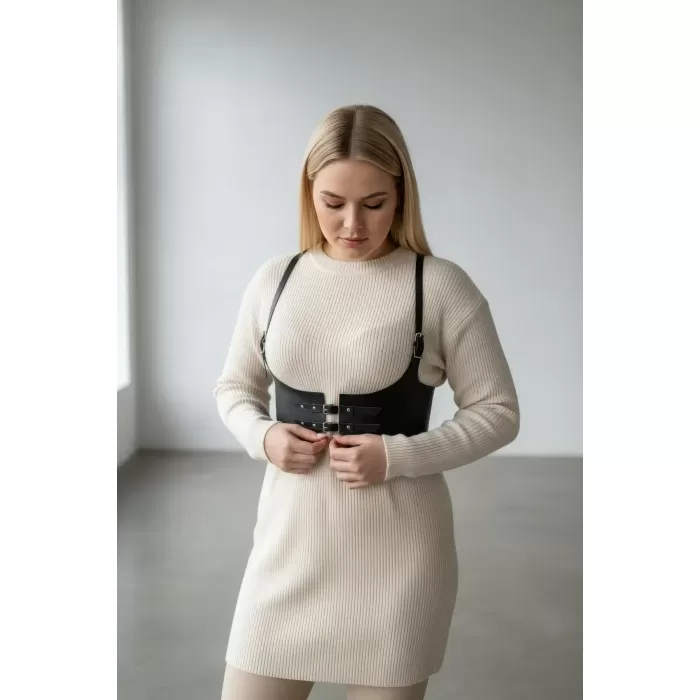 Büyük Beden Siyah Kadın Kemer Deri Harness Detaylı Şık Vücut Aksesuarı - APFT605