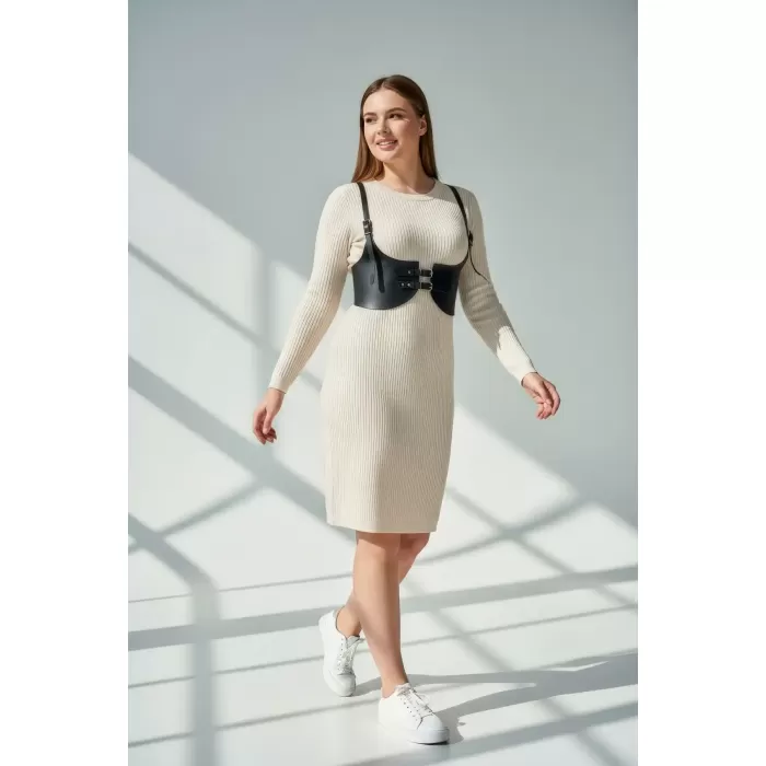 Büyük Beden Siyah Kadın Kemer Deri Harness Detaylı Şık Vücut Aksesuarı - APFT605