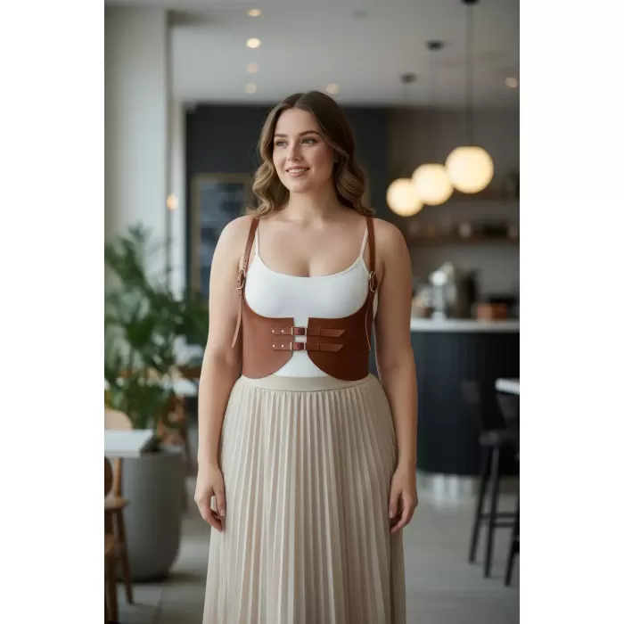 Büyük Beden Taba Kadın Kemer Askılı Deri Korse Stil Kombin Tamamlayıcı - APFT605