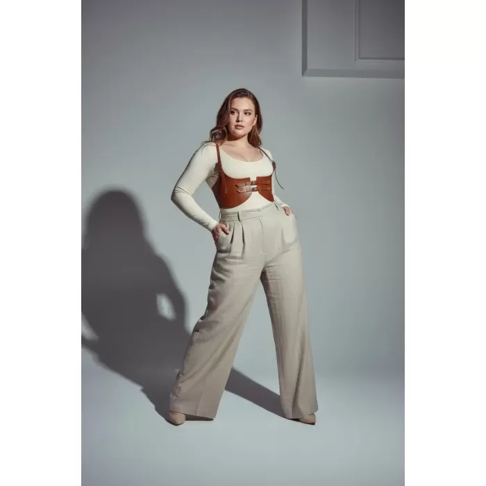 Büyük Beden Taba Kadın Kemer Askılı Deri Korse Stil Kombin Tamamlayıcı - APFT605