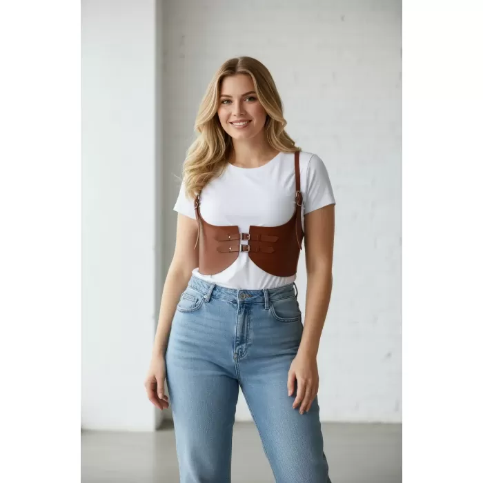 Büyük Beden Taba Kadın Kemer Askılı Deri Korse Stil Kombin Tamamlayıcı - APFT605