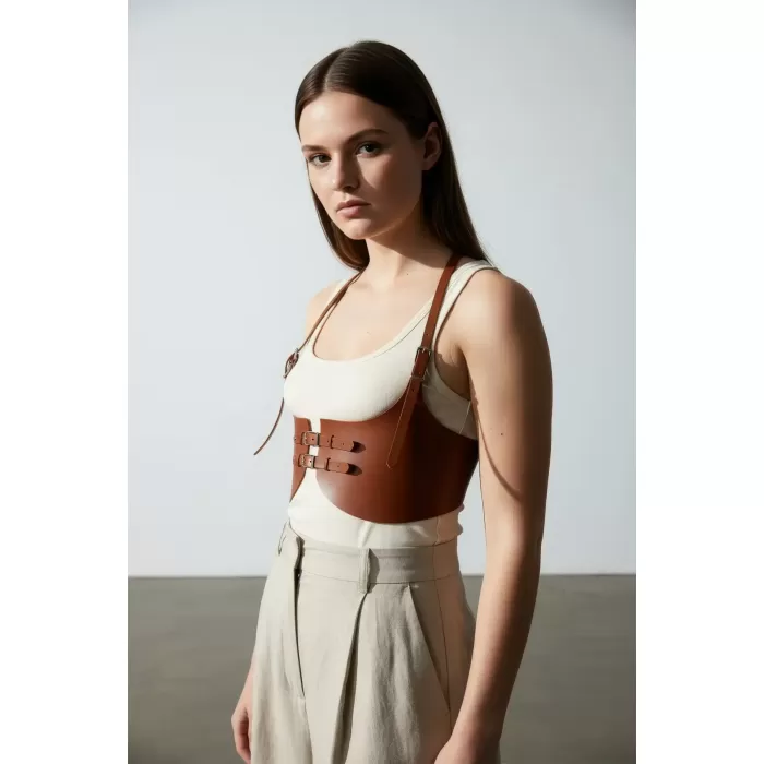 Büyük Beden Taba Kadın Kemer Askılı Deri Korse Stil Kombin Tamamlayıcı - APFT605