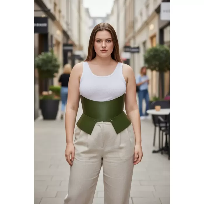 Büyük Beden Haki Kadın Kemer Korse Stili Kalın Deri Tasarım - APFT611
