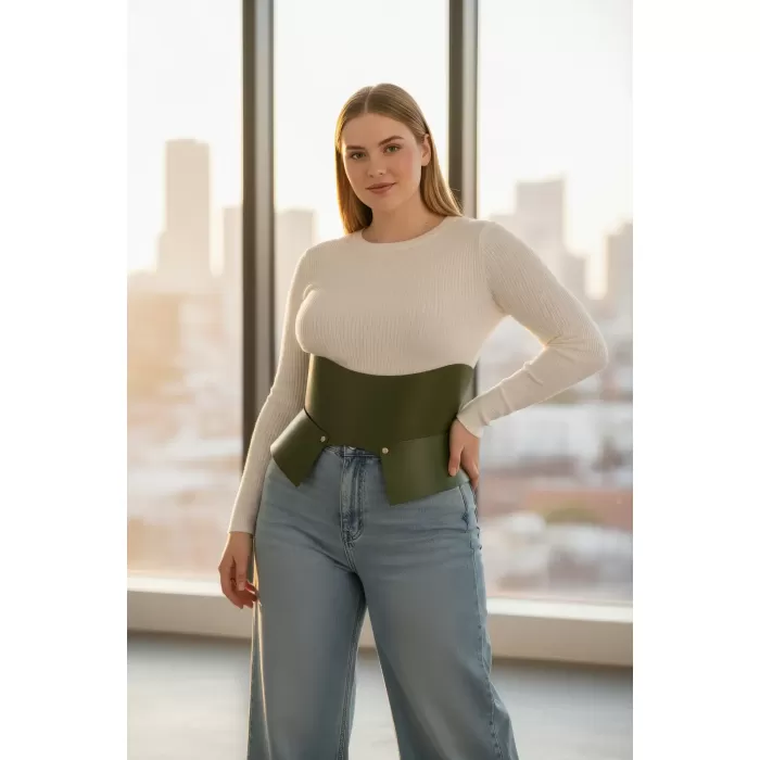 Büyük Beden Haki Kadın Kemer Korse Stili Kalın Deri Tasarım - APFT611