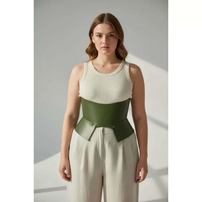 Büyük Beden Haki Kadın Kemer Korse Stili Kalın Deri Tasarım - APFT611