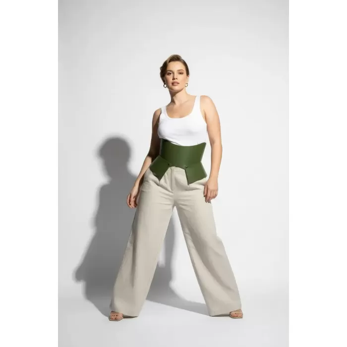 Büyük Beden Haki Kadın Kemer Korse Stili Kalın Deri Tasarım - APFT611