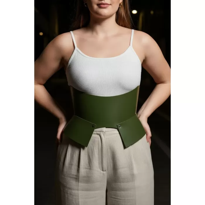 Büyük Beden Haki Kadın Kemer Korse Stili Kalın Deri Tasarım - APFT611