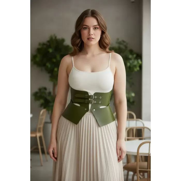Büyük Beden Haki Kadın Kemer Korse Stili Kalın Deri Tasarım - APFT611
