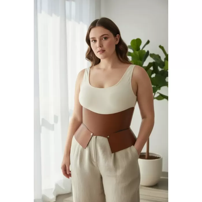 Büyük Beden Taba Kadın Kemer Korse Tarzı Geniş Bel Şekillendirici - APFT611