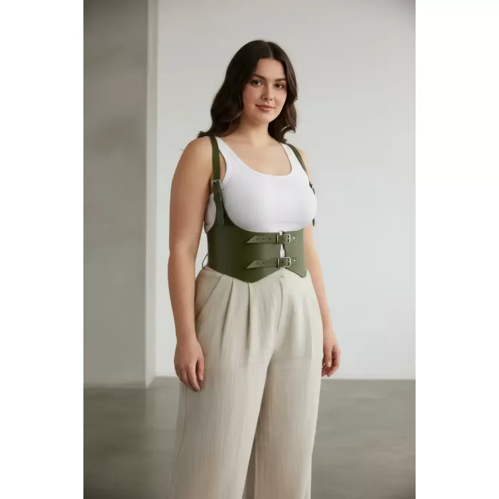 Büyük Beden Haki Kadın Kemer Korse Stil Omuz Askılı Çift Tokalı - APFT612