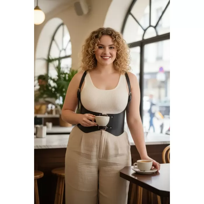 Büyük Beden Siyah Kadın Deri Korse Kemer Omuz Askılı Kombin Tamamlayıcı - APFT612