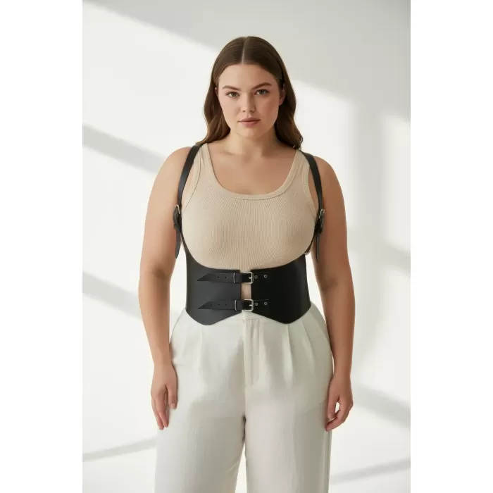 Büyük Beden Siyah Kadın Deri Korse Kemer Omuz Askılı Kombin Tamamlayıcı - APFT612