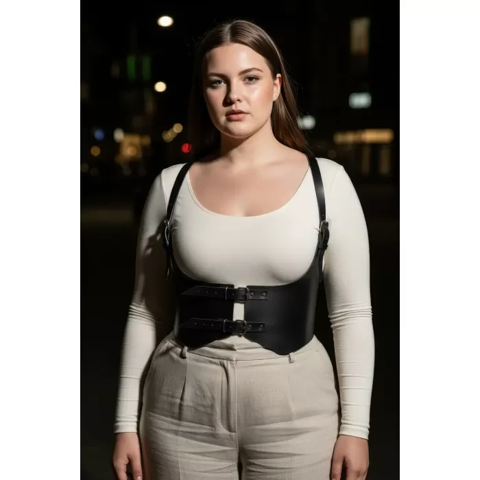 Büyük Beden Siyah Kadın Deri Korse Kemer Omuz Askılı Kombin Tamamlayıcı - APFT612