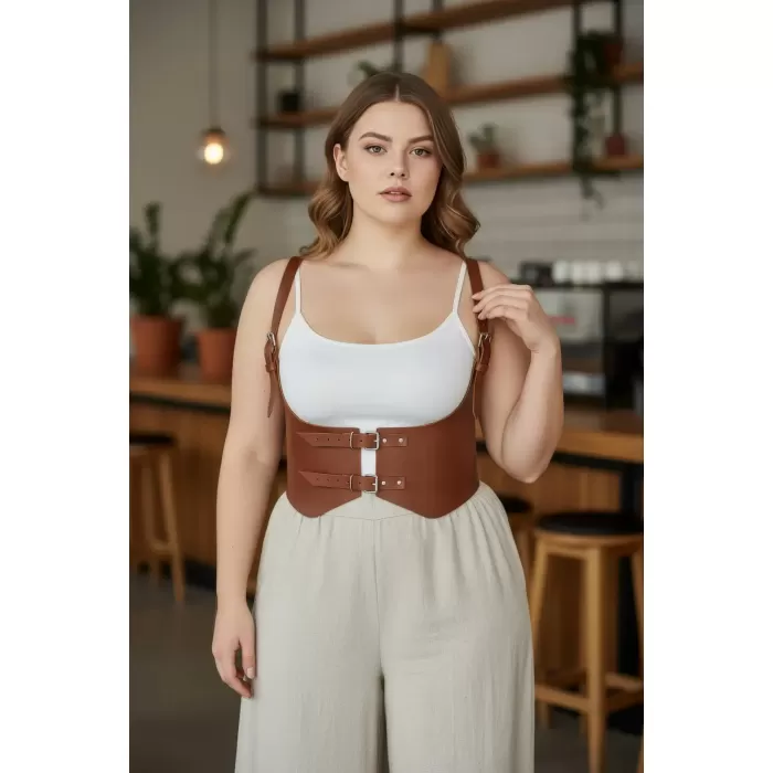Büyük Beden Taba Kadın Kemer Omuz Askılı Korse Detaylı Deri Kombin Tamamlayıcı - APFT612