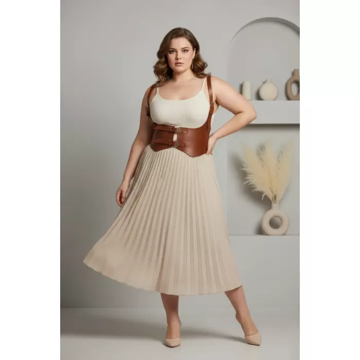 Büyük Beden Taba Kadın Kemer Omuz Askılı Korse Detaylı Deri Kombin Tamamlayıcı - APFT612