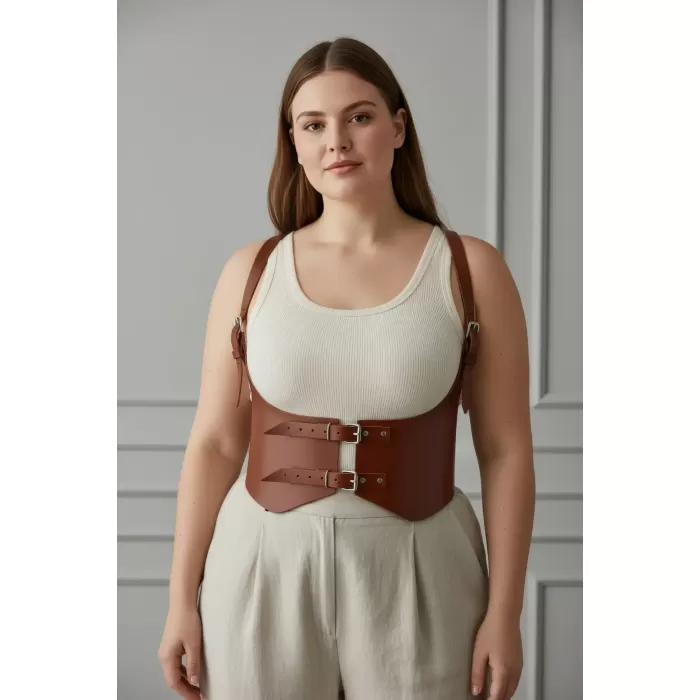 Büyük Beden Taba Kadın Kemer Omuz Askılı Korse Detaylı Deri Kombin Tamamlayıcı - APFT612