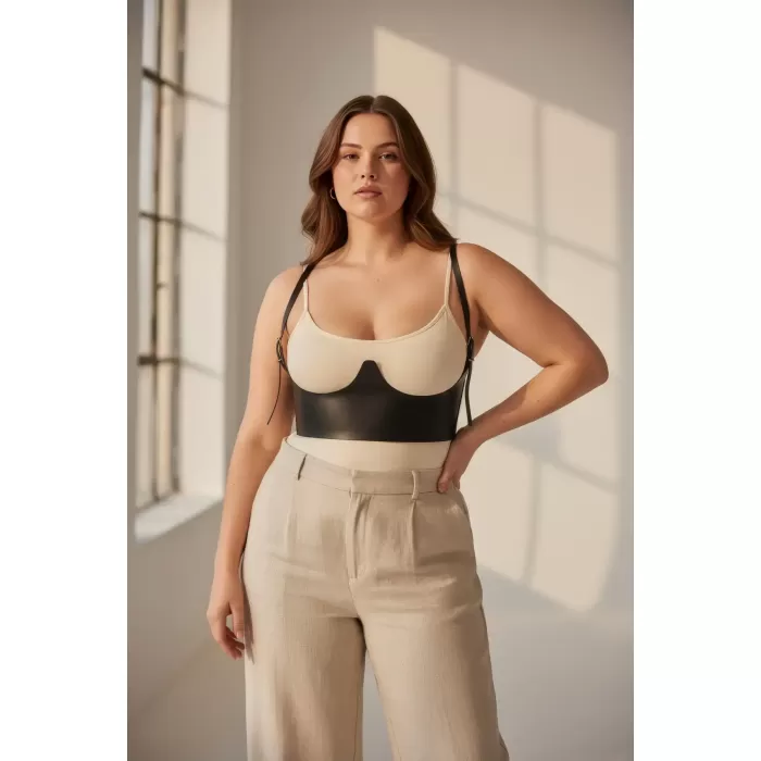 Büyük Beden Siyah Kadın Kemer Omuz Askılı Deri Korse Tasarım - APFT614