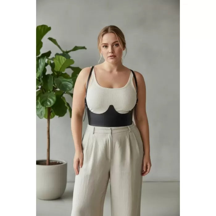 Büyük Beden Siyah Kadın Kemer Omuz Askılı Deri Korse Tasarım - APFT614