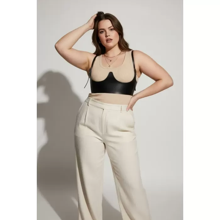 Büyük Beden Siyah Kadın Kemer Omuz Askılı Deri Korse Tasarım - APFT614