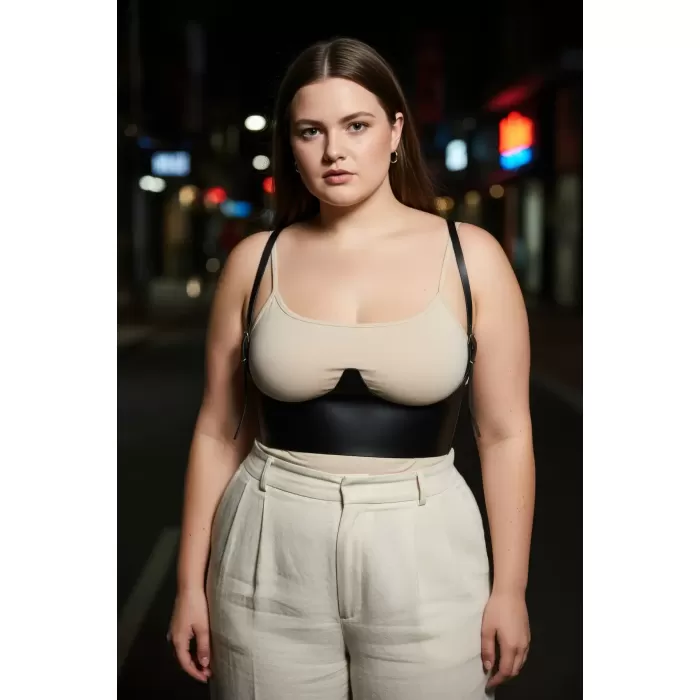 Büyük Beden Siyah Kadın Kemer Omuz Askılı Deri Korse Tasarım - APFT614