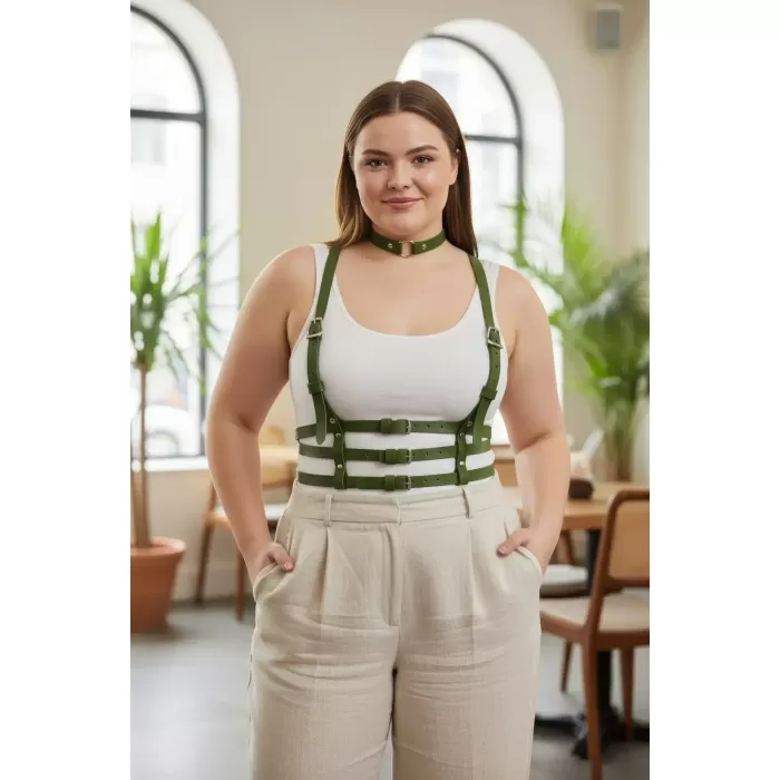 Büyük Beden Haki Kadın Deri Kemer Çoklu Tokalı Harness Vücut Aksesuarı - APFT615
