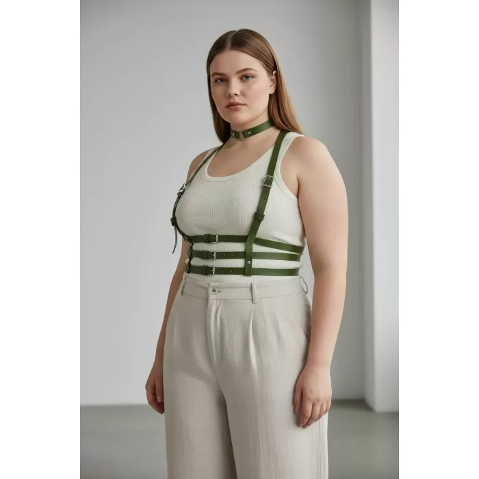 Büyük Beden Haki Kadın Deri Kemer Çoklu Tokalı Harness Vücut Aksesuarı - APFT615