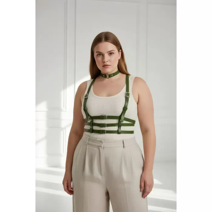 Büyük Beden Haki Kadın Deri Kemer Çoklu Tokalı Harness Vücut Aksesuarı - APFT615