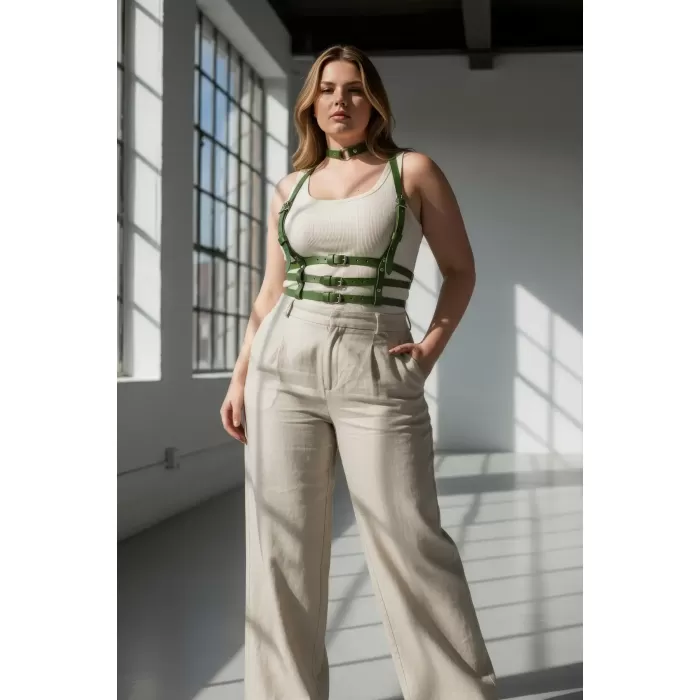 Büyük Beden Haki Kadın Deri Kemer Çoklu Tokalı Harness Vücut Aksesuarı - APFT615