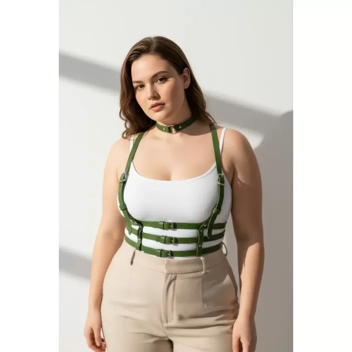 Büyük Beden Haki Kadın Deri Kemer Çoklu Tokalı Harness Vücut Aksesuarı - APFT615