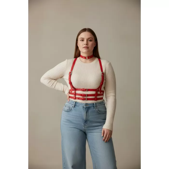 Büyük Beden Kırmızı Kadın Kemer Deri Harness Korse Görünümlü Vücut Aksesuarı - APFT615