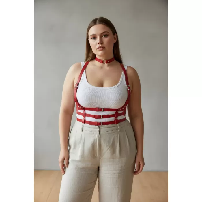 Büyük Beden Kırmızı Kadın Kemer Deri Harness Korse Görünümlü Vücut Aksesuarı - APFT615