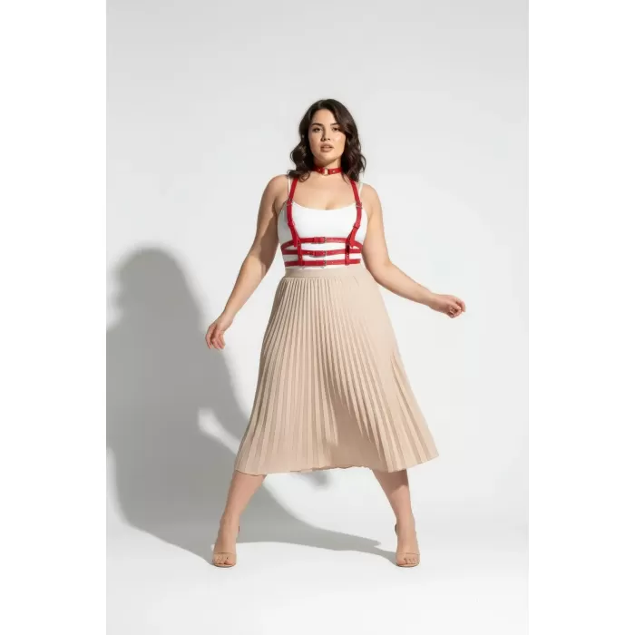 Büyük Beden Kırmızı Kadın Kemer Deri Harness Korse Görünümlü Vücut Aksesuarı - APFT615