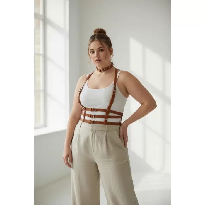 Büyük Beden Taba Kadın Kemer Vücut Aksesuarı Çoklu Bantlı Estetik Tasarım - APFT615