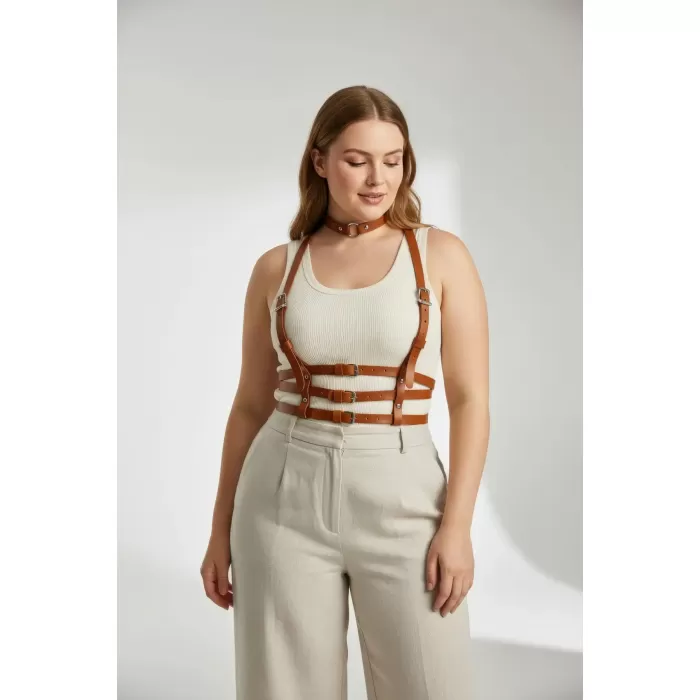 Büyük Beden Taba Kadın Kemer Vücut Aksesuarı Çoklu Bantlı Estetik Tasarım - APFT615