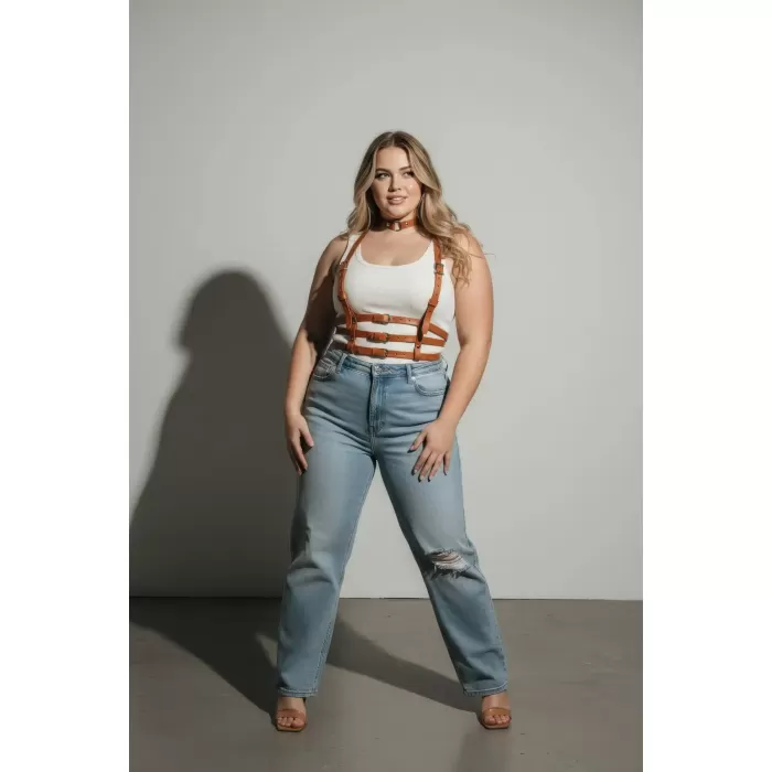 Büyük Beden Taba Kadın Kemer Vücut Aksesuarı Çoklu Bantlı Estetik Tasarım - APFT615