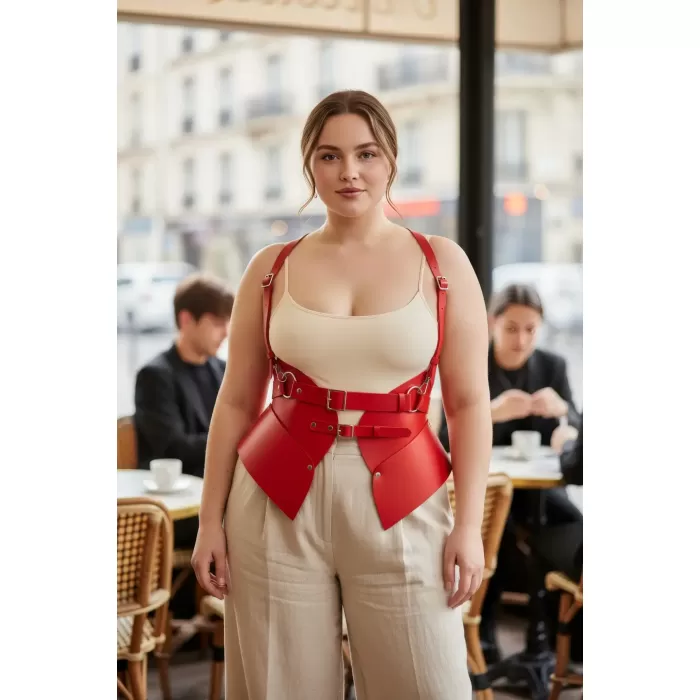 Büyük Beden Kırmızı Kadın Kemer Korse Görünümlü Deri Harness Vücut Aksesuarı - APFT616